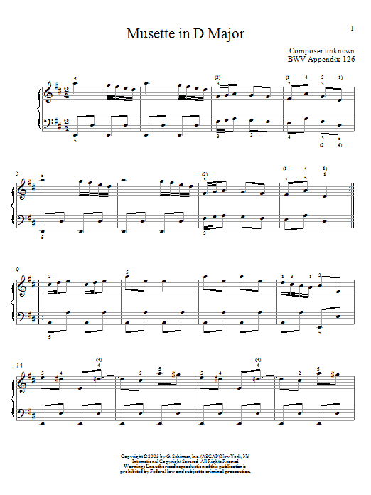 Johann Sebastian Bach Musette in D Major sheet music notes and chords arranged for Easy Piano