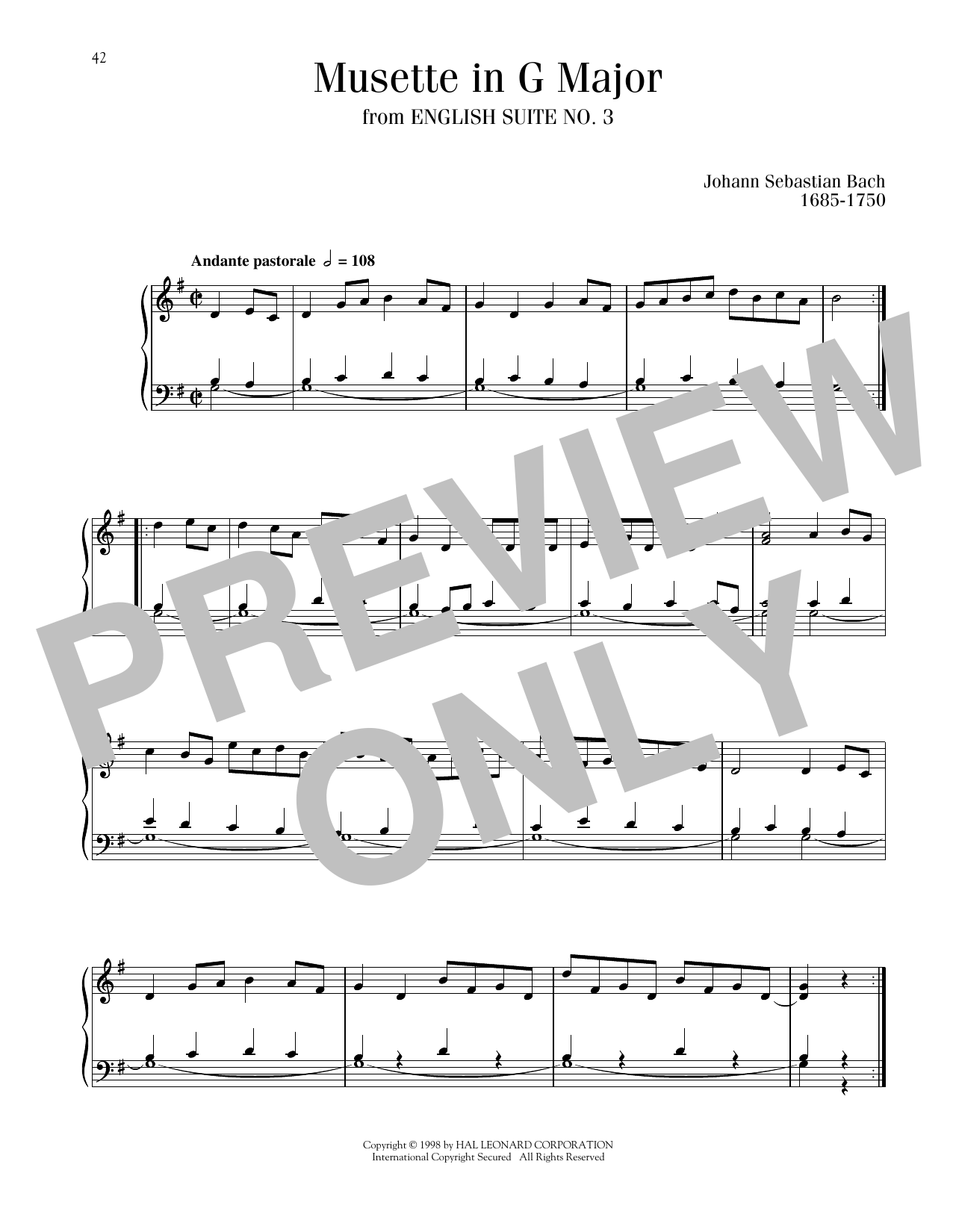 Johann Sebastian Bach Musette in G Major sheet music notes and chords arranged for Piano Solo