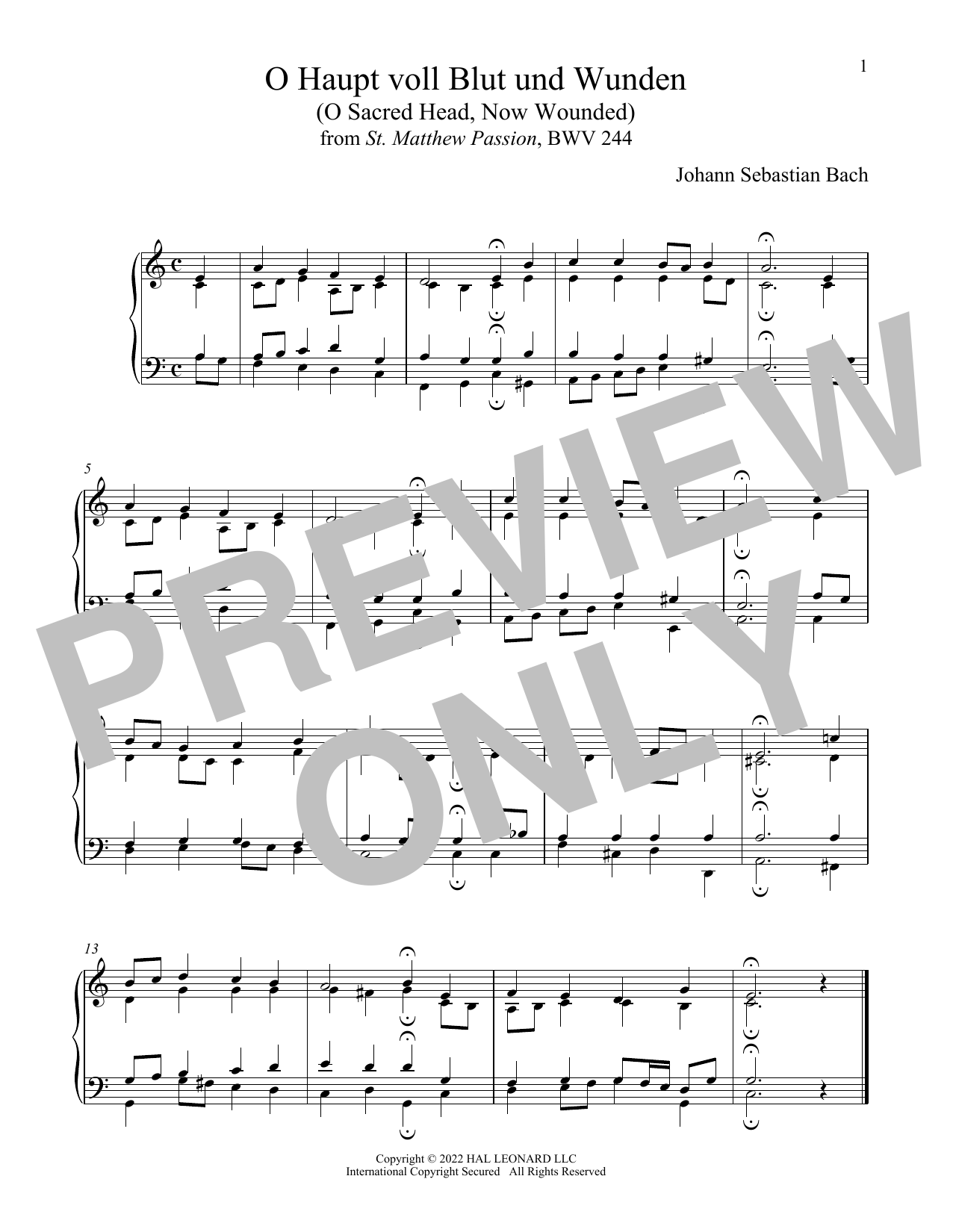 Johann Sebastian Bach O Haupt Voll Blut Und Wunden sheet music notes and chords arranged for Piano Solo
