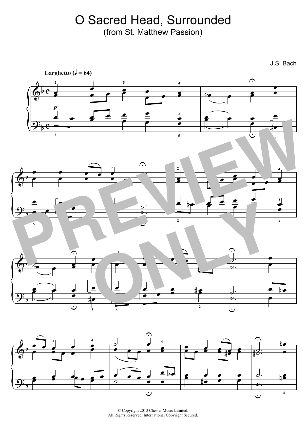 Johann Sebastian Bach O Sacred Head, Surrounded (from St Matthew Passion) sheet music notes and chords arranged for Piano Solo