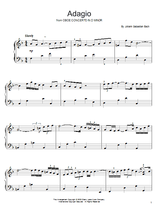 Johann Sebastian Bach Oboe Concerto In D Minor (Adagio) sheet music notes and chords arranged for Easy Piano