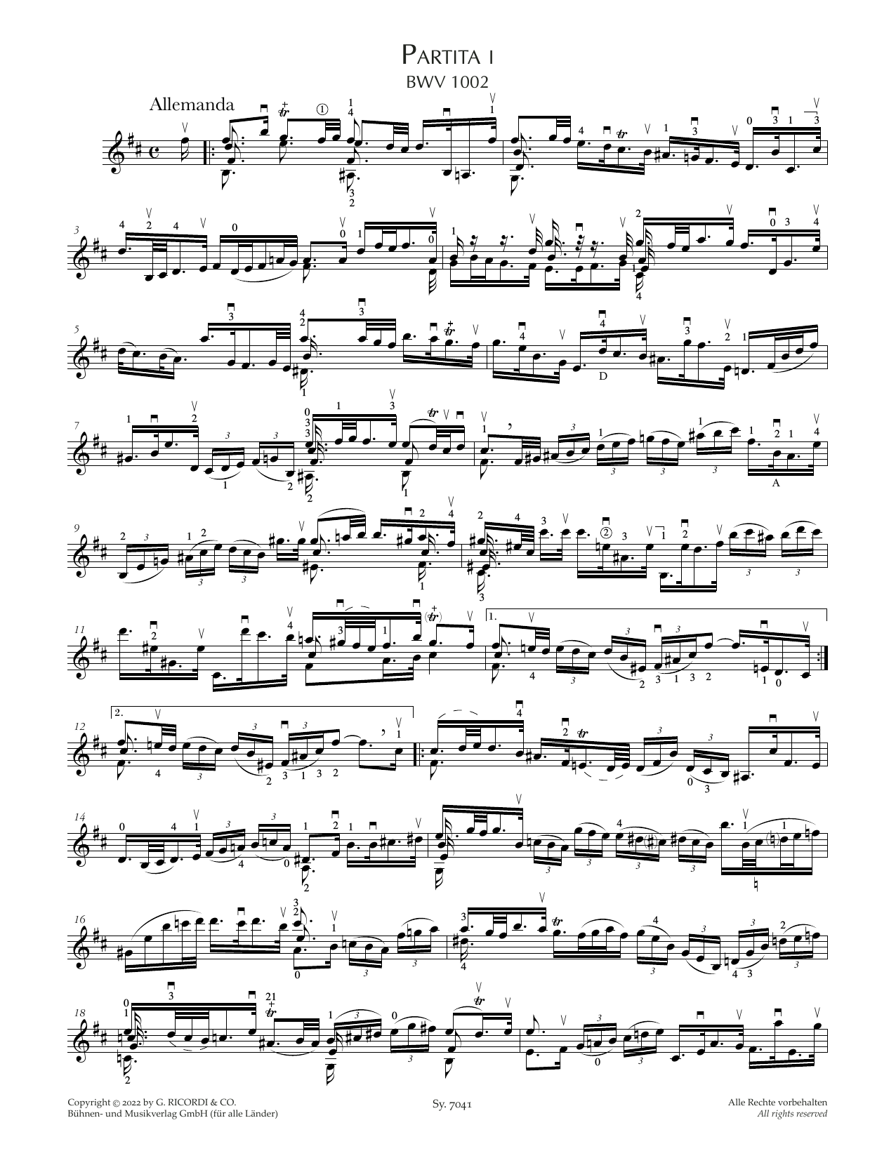 Johann Sebastian Bach Partita I, BWV 1002 sheet music notes and chords arranged for Violin Solo