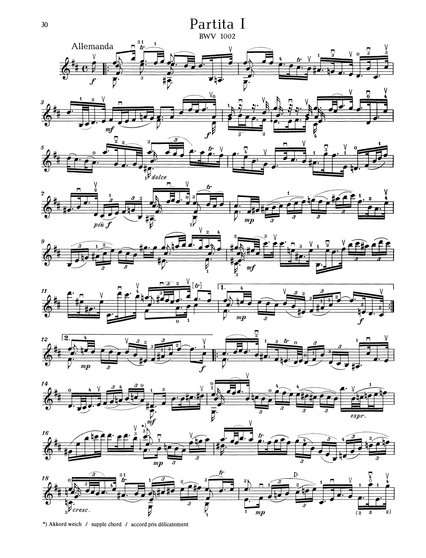 Johann Sebastian Bach Partita I sheet music notes and chords arranged for String Solo