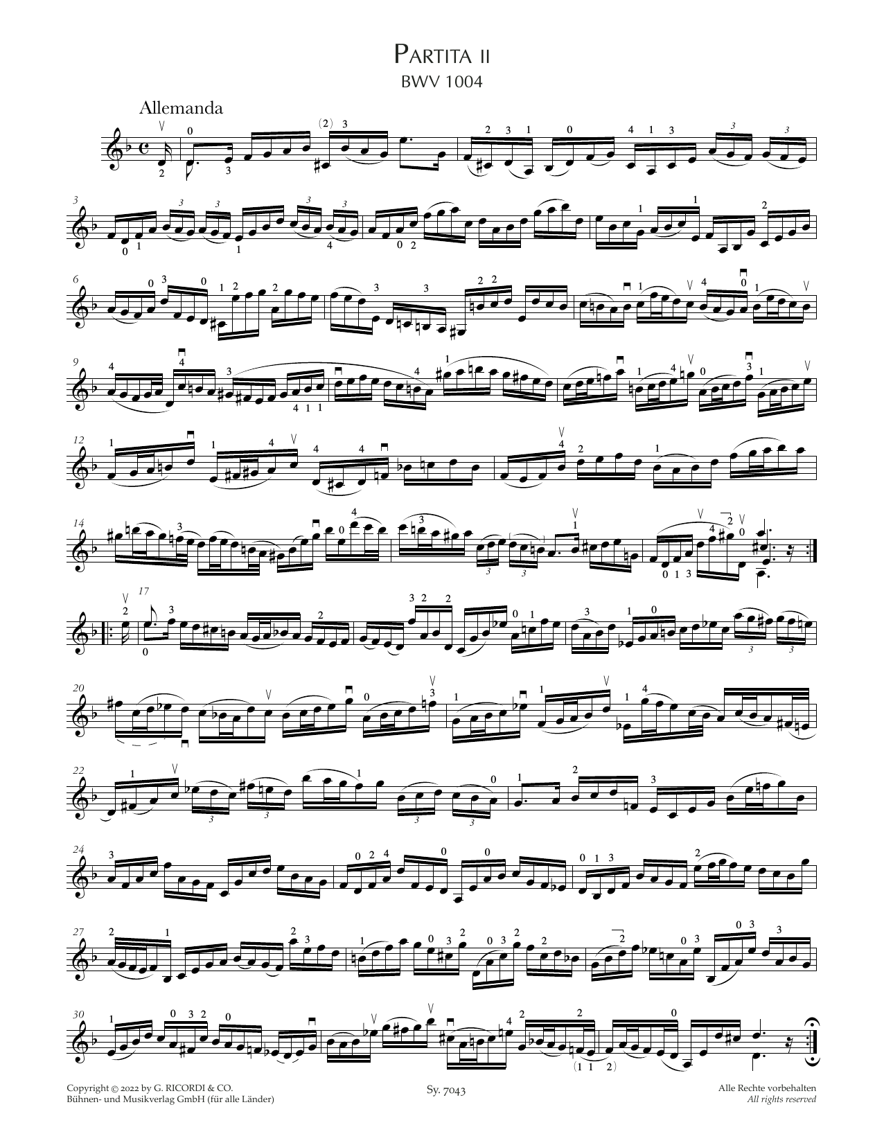 Johann Sebastian Bach Partita II, BWV 1004 sheet music notes and chords arranged for Violin Solo