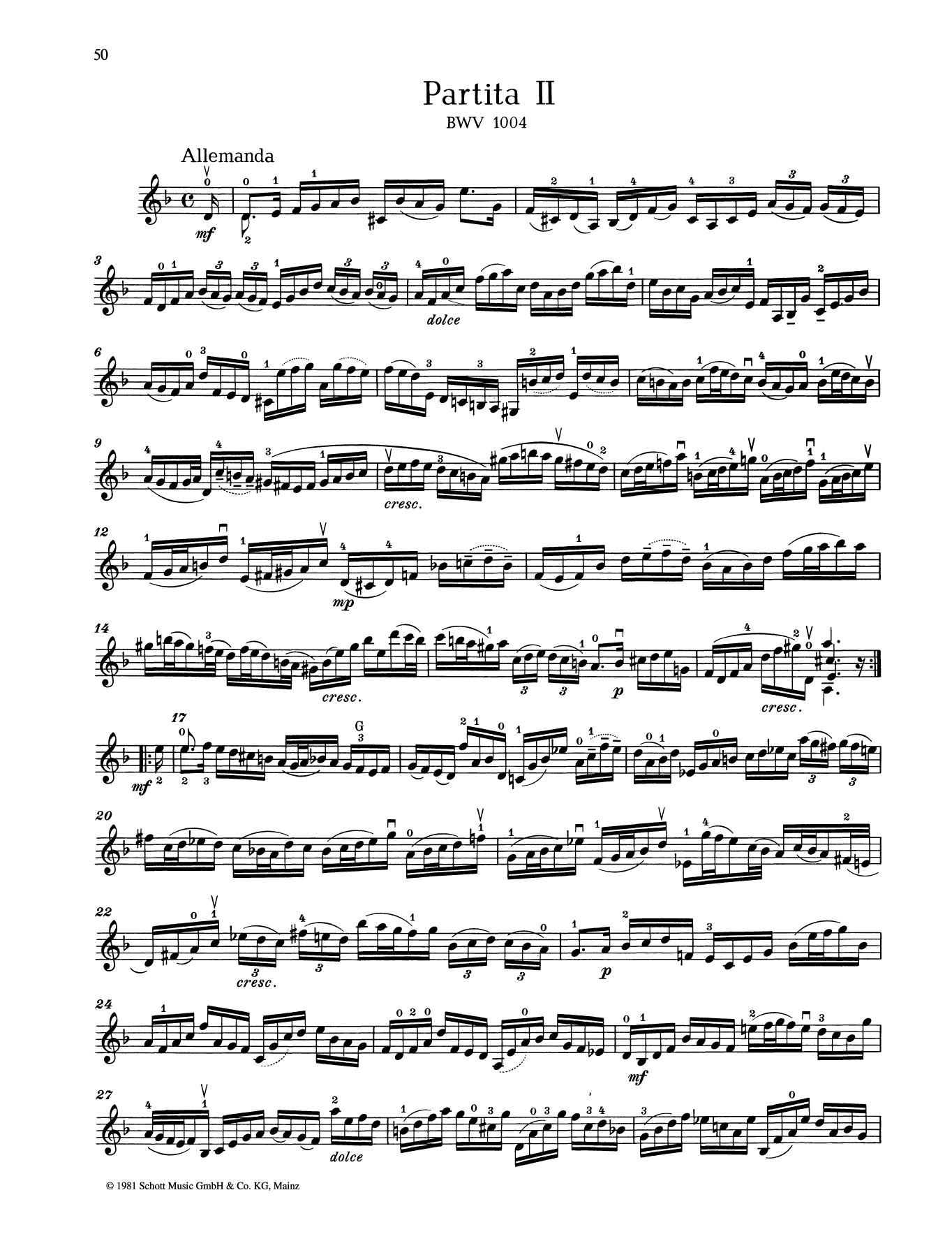 Johann Sebastian Bach Partita II sheet music notes and chords arranged for String Solo