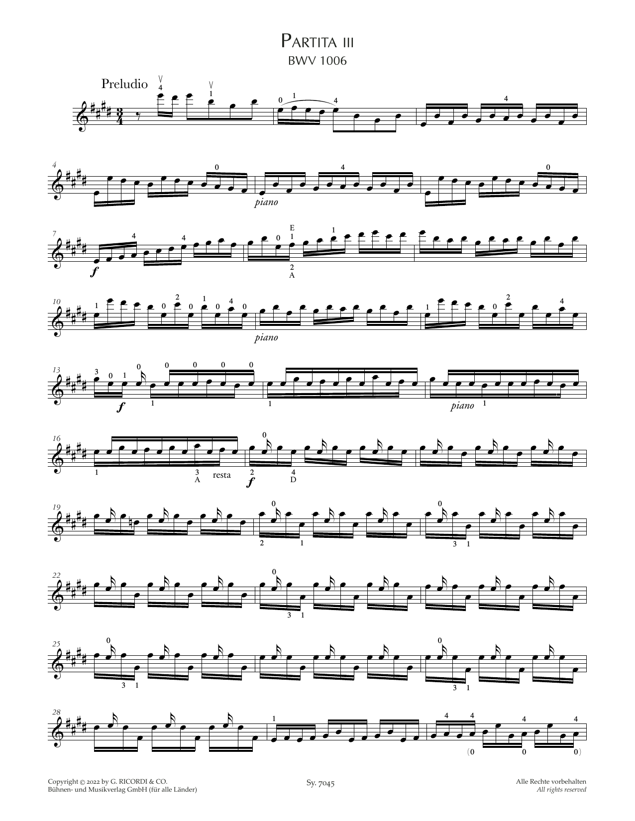 Johann Sebastian Bach Partita III, BWV 1006 sheet music notes and chords arranged for Violin Solo