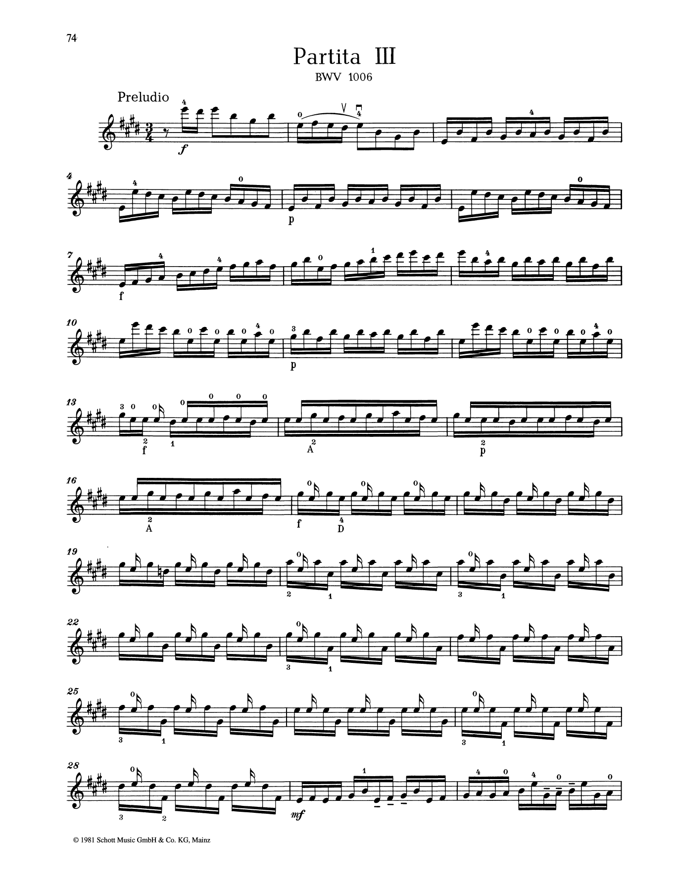 Johann Sebastian Bach Partita III sheet music notes and chords arranged for String Solo