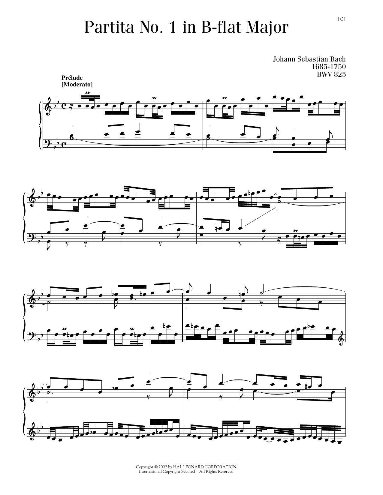 Johann Sebastian Bach Partita No. 1 In B-Flat Major, BWV 825 sheet music notes and chords arranged for Piano Solo