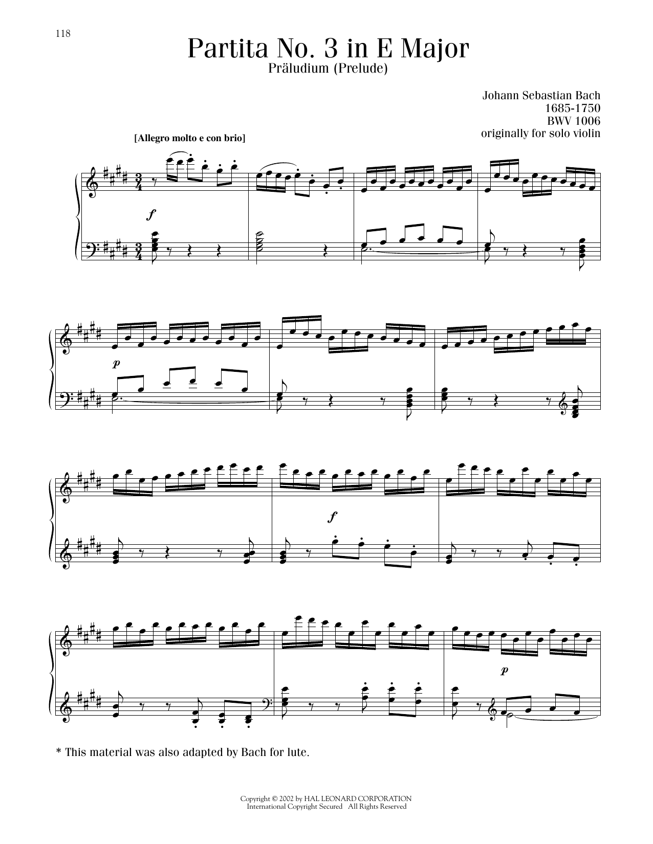 Johann Sebastian Bach Partita No. 3 In E Major, BWV 1006 sheet music notes and chords arranged for Piano Solo
