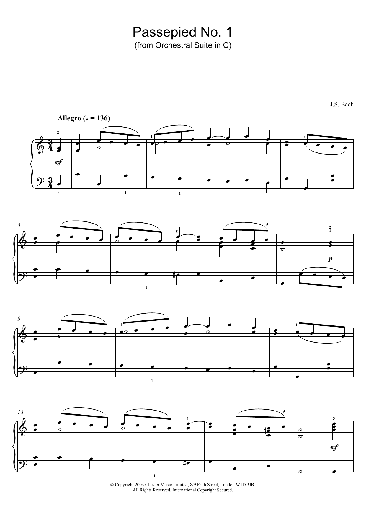 Johann Sebastian Bach Passepied No. 1 (from Orchestral Suite in C) sheet music notes and chords arranged for Piano Solo