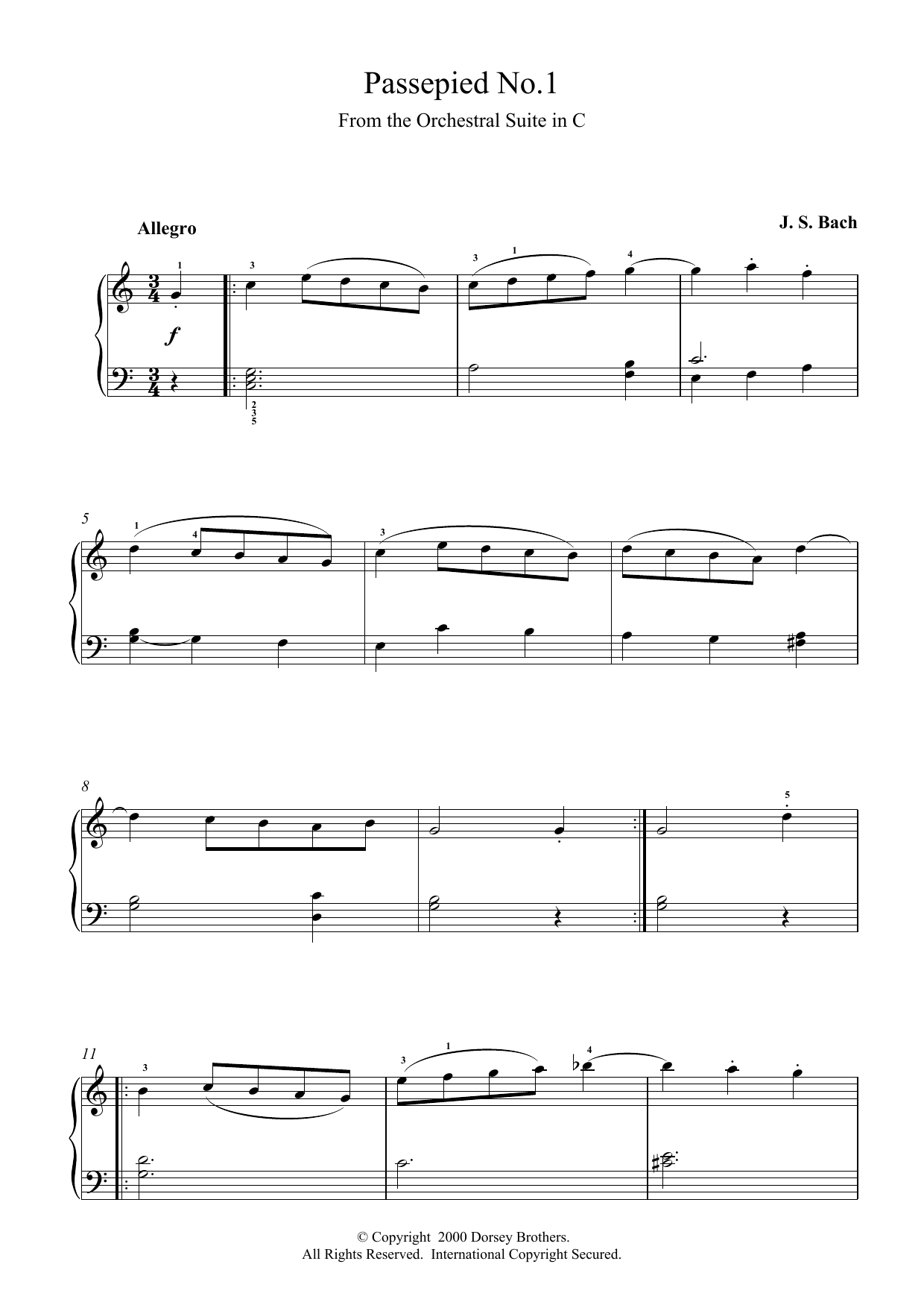 Johann Sebastian Bach Passepied No.1 sheet music notes and chords arranged for Piano Solo