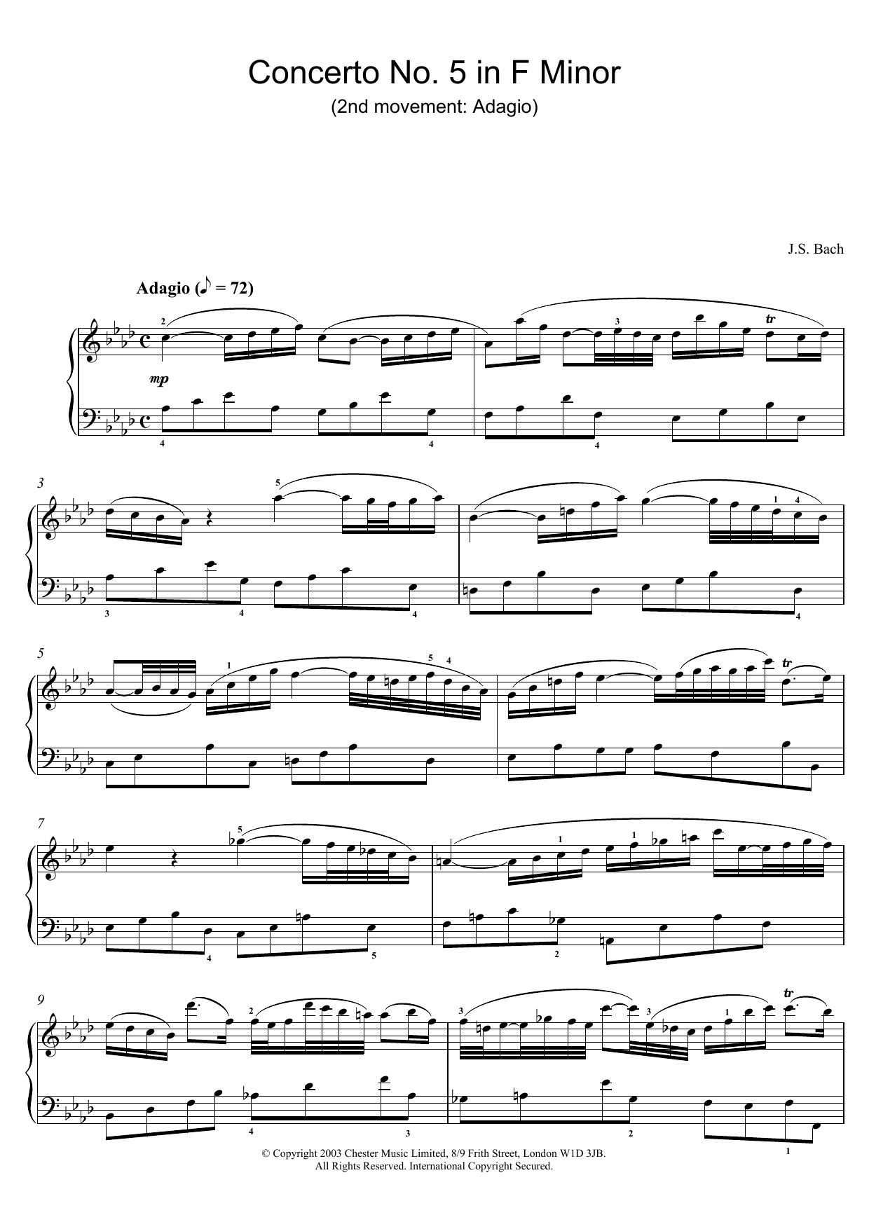 Johann Sebastian Bach Piano Concerto No. 5 in F Minor (2nd movement: Adagio) sheet music notes and chords arranged for Piano Solo