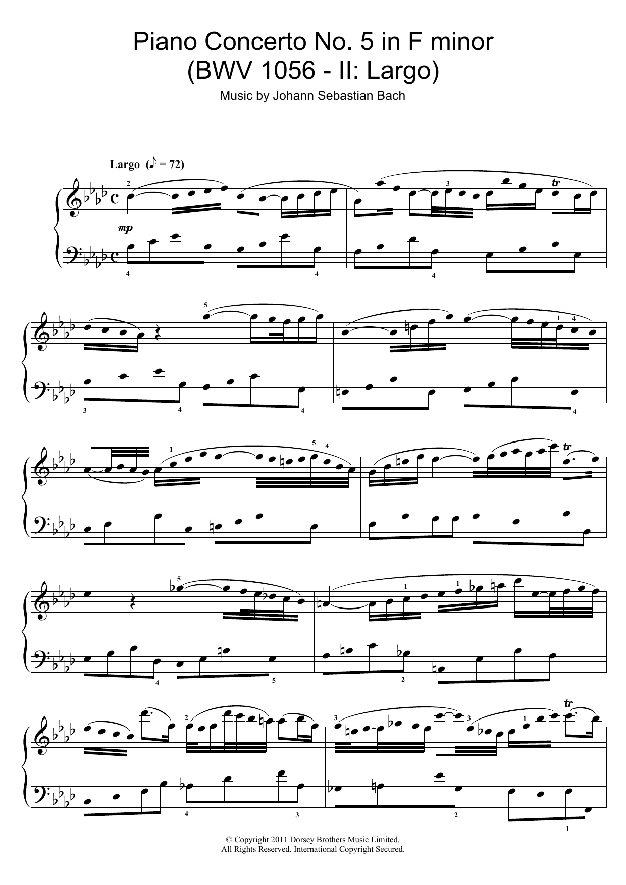 Johann Sebastian Bach Piano Concerto No. 5 in F minor (BWV 1056 - II: Largo) sheet music notes and chords arranged for Piano Solo