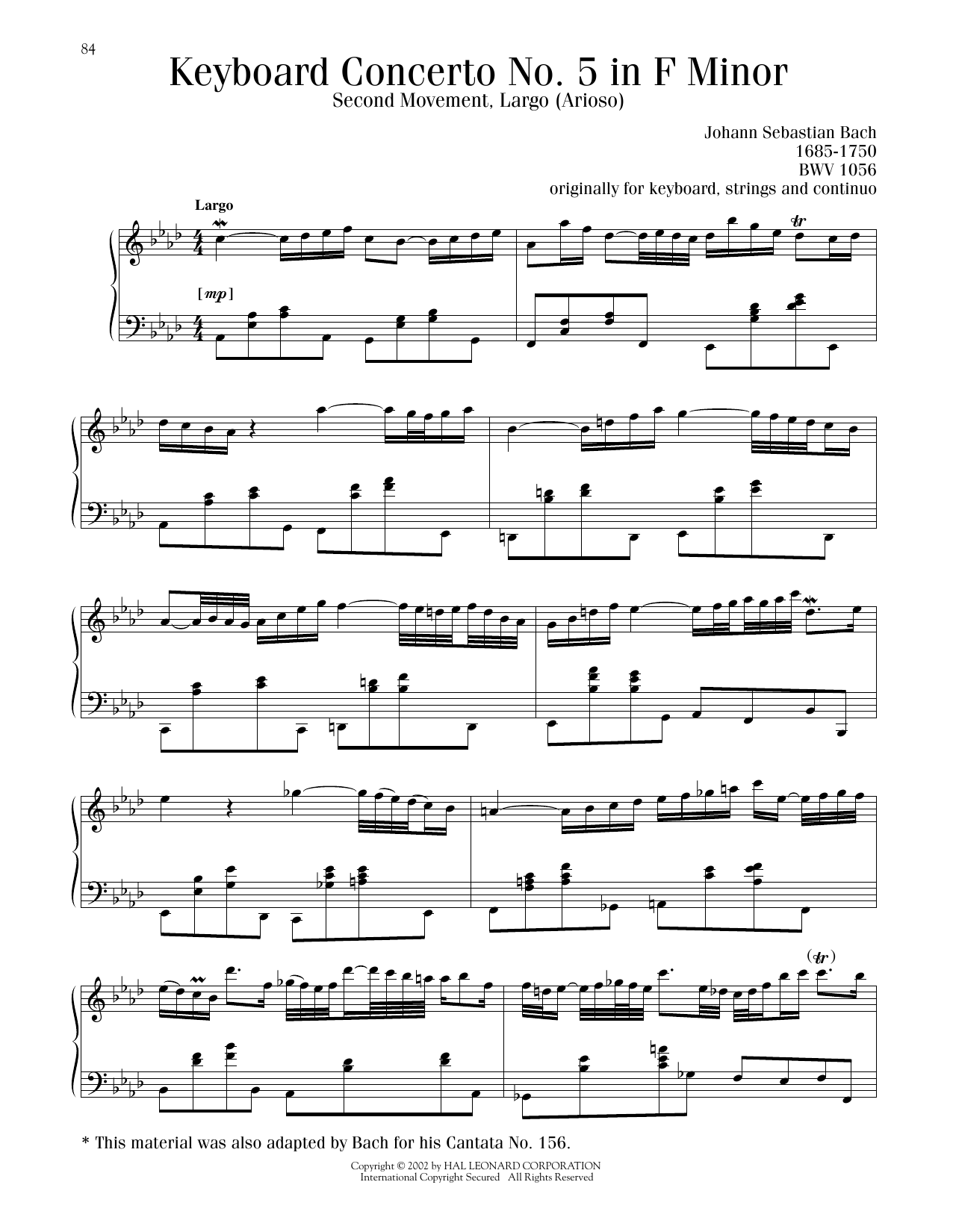 Johann Sebastian Bach Piano Concerto No.5 In F Minor (BWV 1056-II: Largo) sheet music notes and chords arranged for Piano Solo