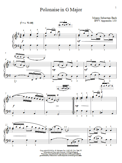 Johann Sebastian Bach Polonaise In G Major, BWV App 130 sheet music notes and chords arranged for Piano Solo