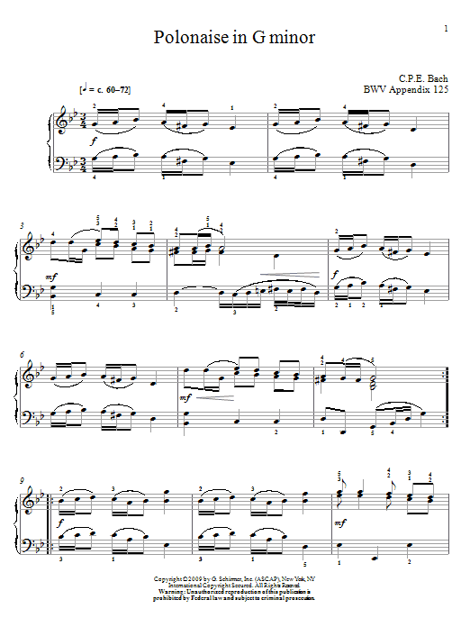 Johann Sebastian Bach Polonaise In G Minor, BWV App. 125 sheet music notes and chords arranged for Piano Solo