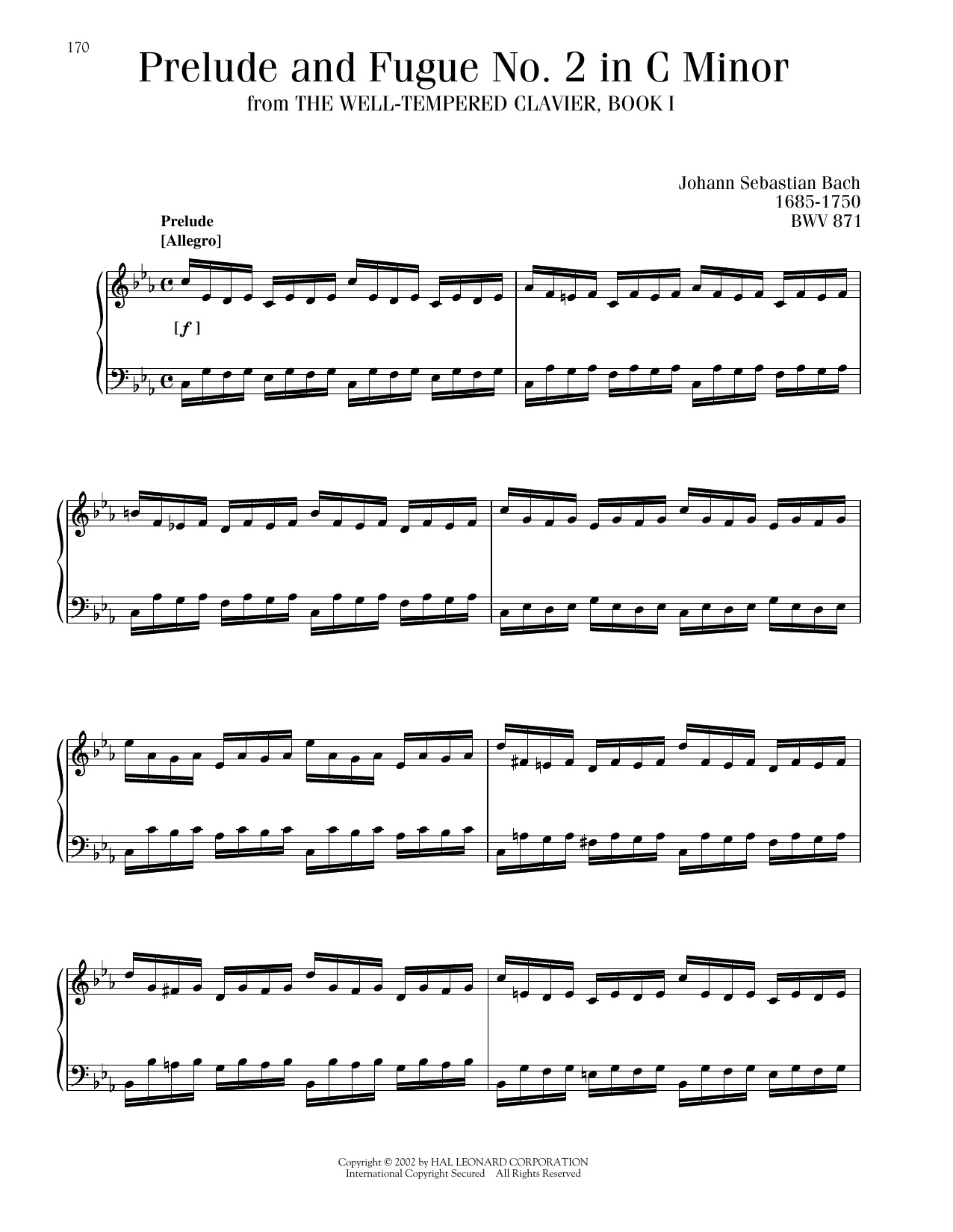 Johann Sebastian Bach Prelude And Fugue In C Minor, BWV 847 sheet music notes and chords arranged for Piano Solo
