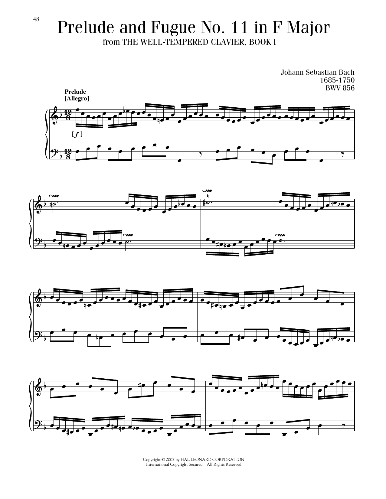 Johann Sebastian Bach Prelude And Fugue In F Major, BWV 556 sheet music notes and chords arranged for Piano Solo
