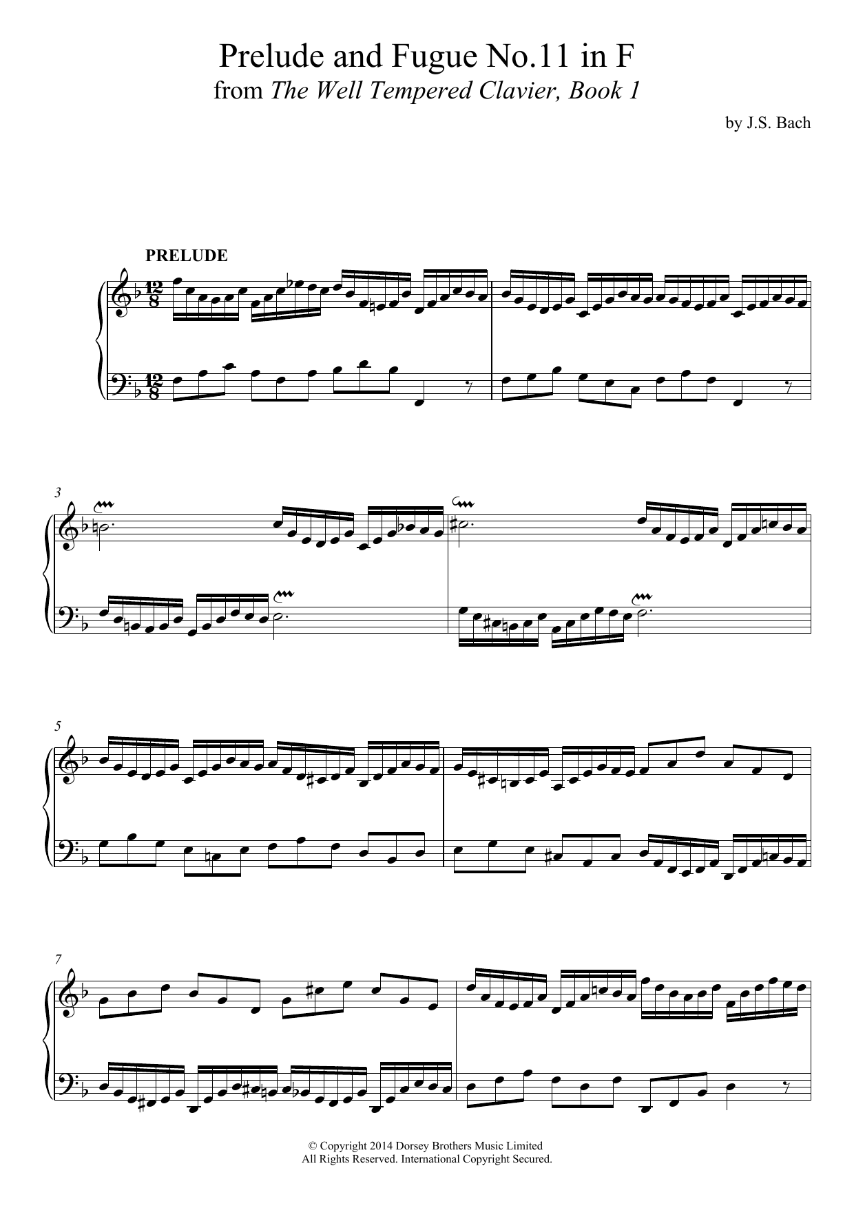 Johann Sebastian Bach Prelude and Fugue No. 11 In F Major (BWV 856 From 'The Well-Tempered Clavier, Book 1') sheet music notes and chords arranged for Piano Solo