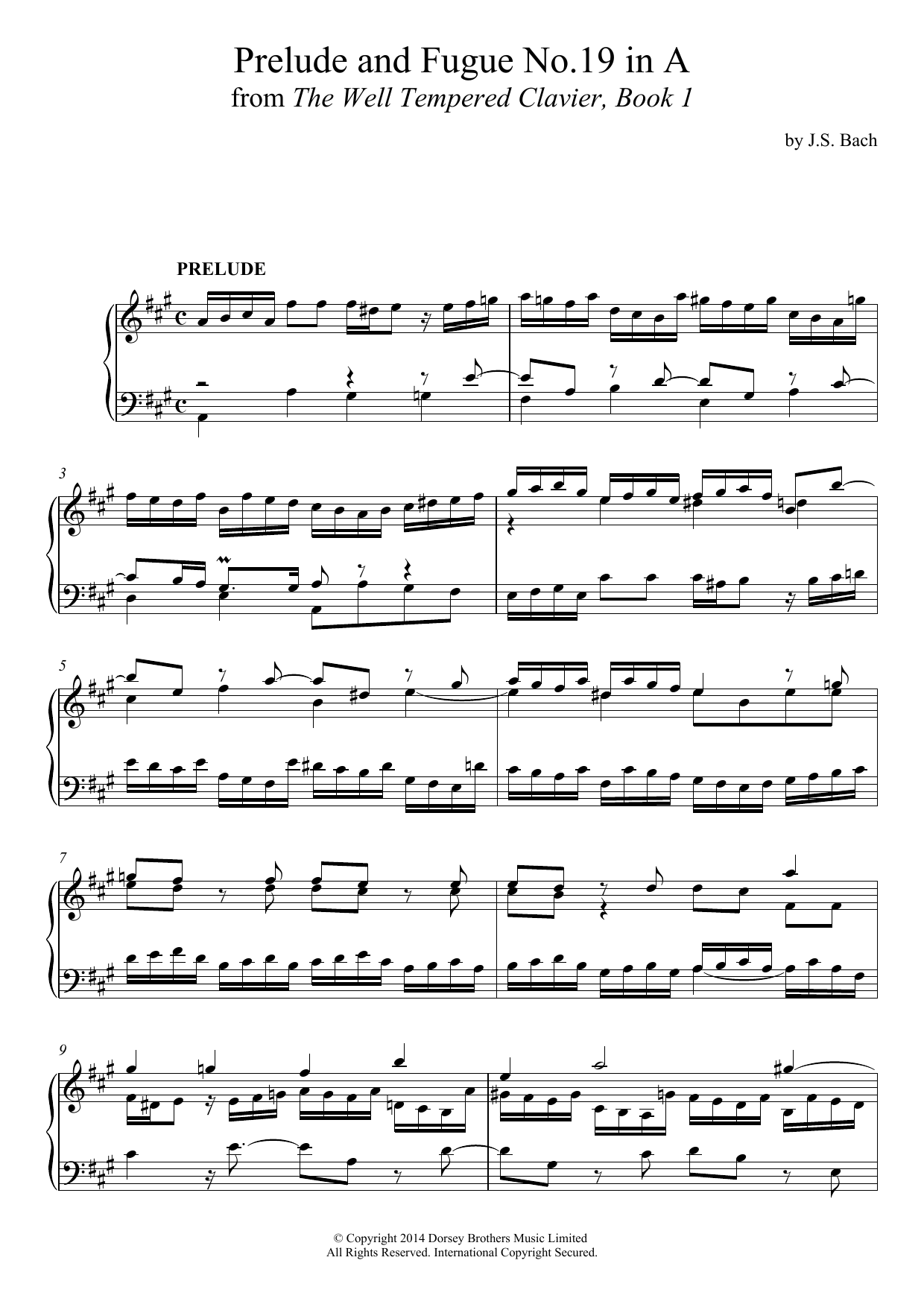 Johann Sebastian Bach Prelude and Fugue No. 19 In A Major (BWV 864 From 'The Well-Tempered Clavier, Book 1') sheet music notes and chords arranged for Piano Solo