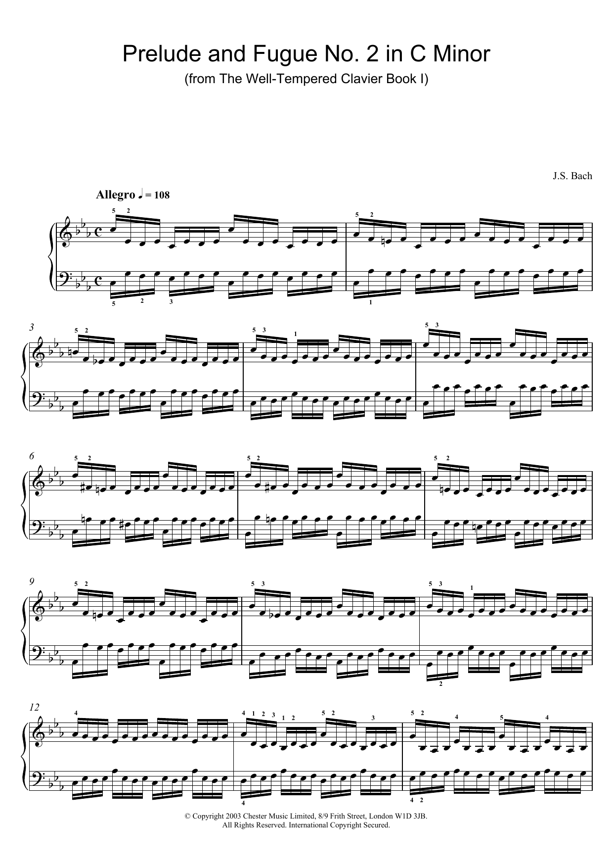 Johann Sebastian Bach Prelude and Fugue No.2 in C Minor (from The Well-Tempered Clavier, Bk.1) sheet music notes and chords arranged for Piano Solo