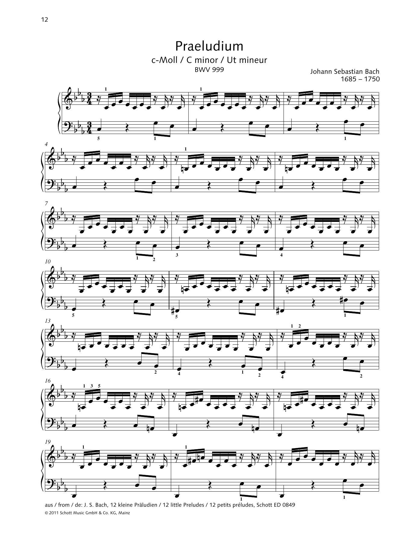 Johann Sebastian Bach Prelude C minor sheet music notes and chords arranged for Piano Solo