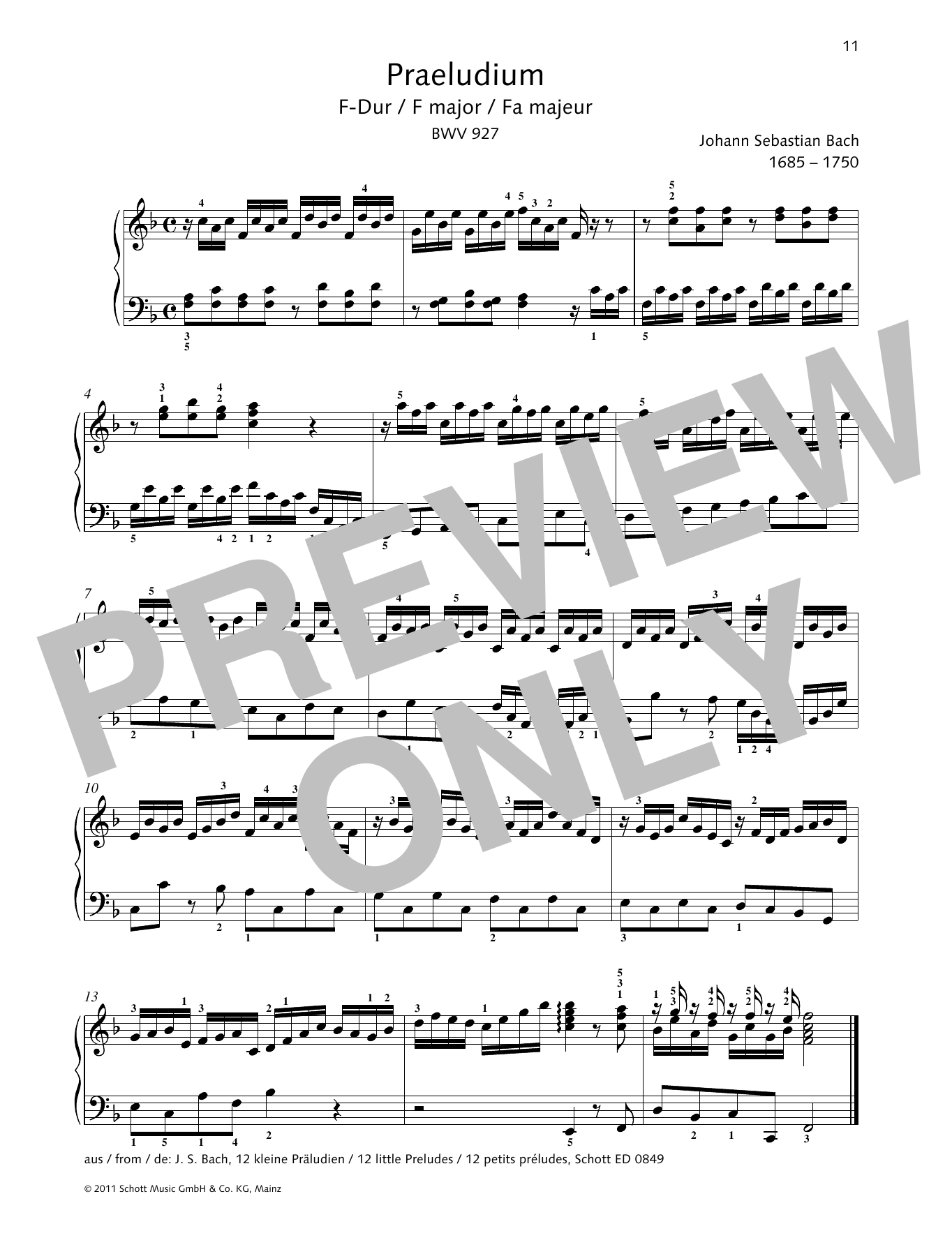 Johann Sebastian Bach Prelude F major sheet music notes and chords arranged for Piano Solo