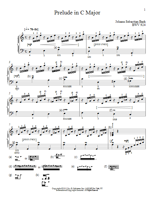 Johann Sebastian Bach Prelude In C Major, BMV 924 sheet music notes and chords arranged for Piano Solo