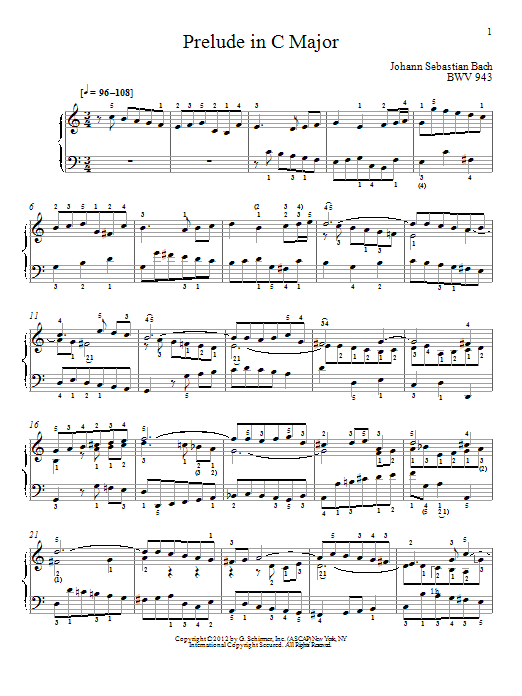 Johann Sebastian Bach Prelude In C Major, BMV 943 sheet music notes and chords arranged for Piano Solo