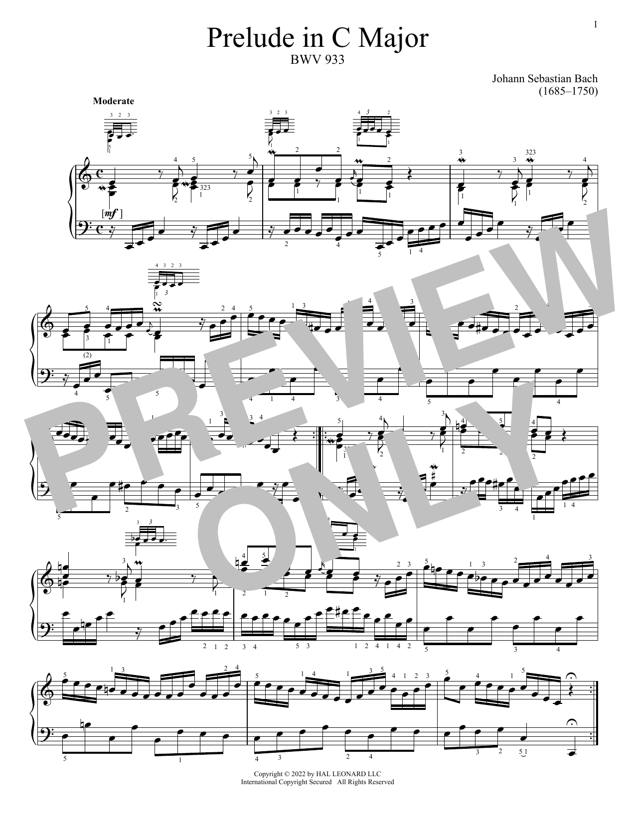 Johann Sebastian Bach Prelude In C Major, BWV 933 sheet music notes and chords arranged for Piano Solo