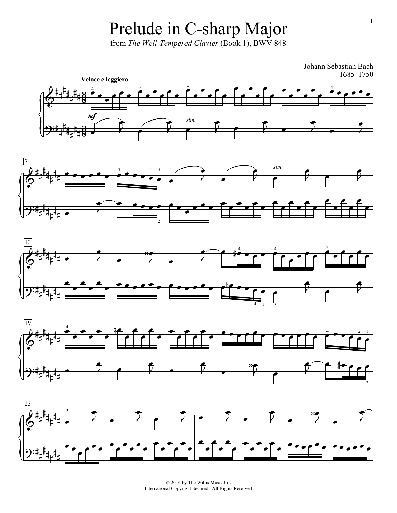 Johann Sebastian Bach Prelude In C-Sharp Major sheet music notes and chords arranged for Educational Piano