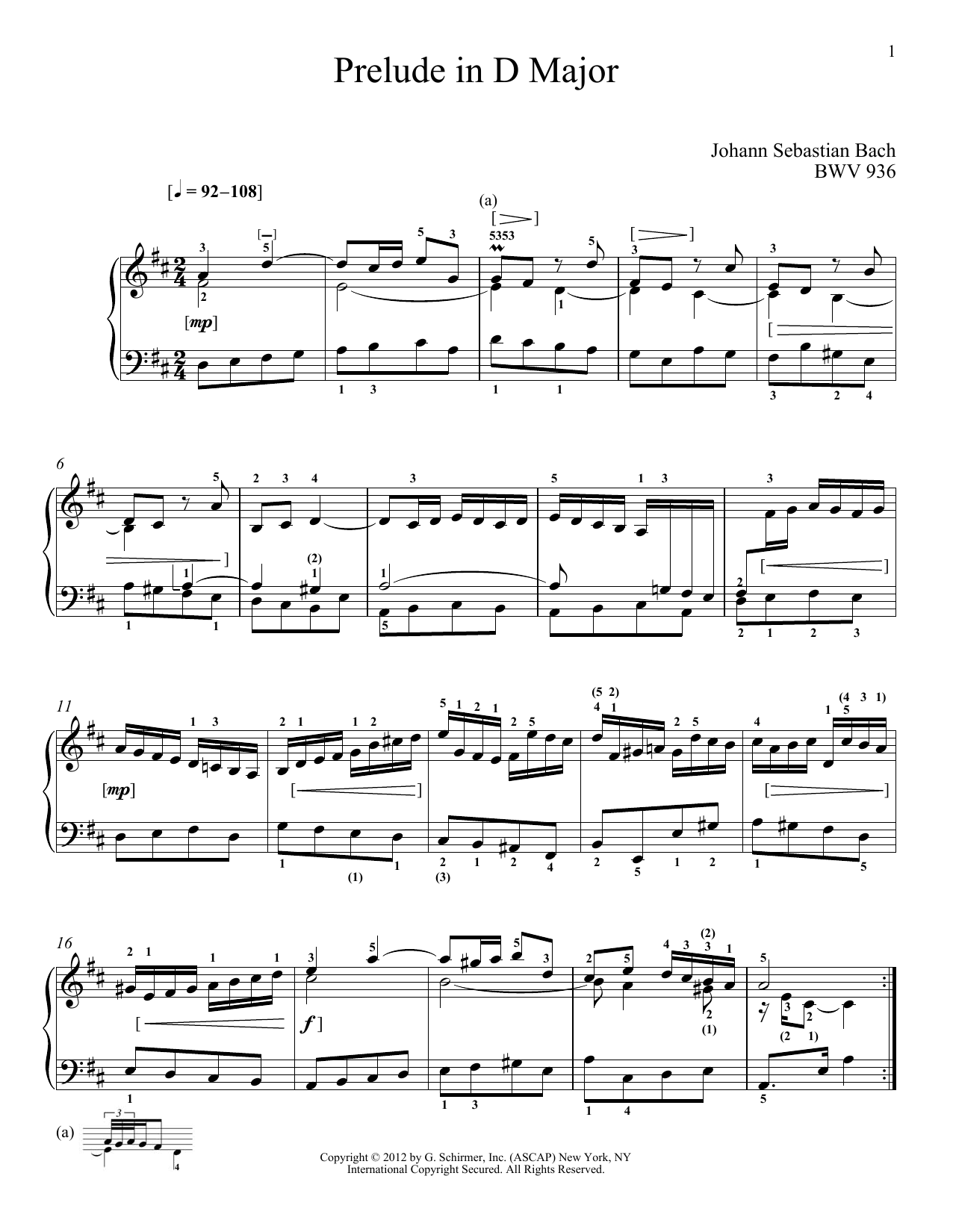 Johann Sebastian Bach Prelude In D Major, BMV 936 sheet music notes and chords arranged for Piano Solo
