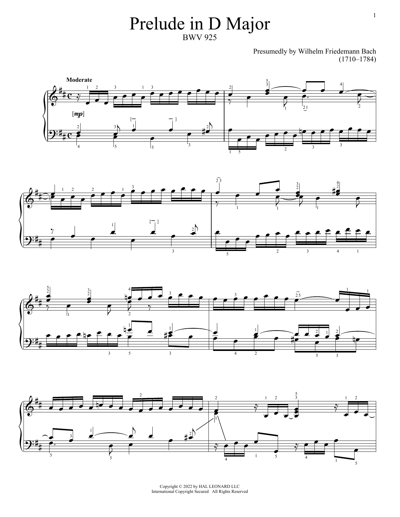 Johann Sebastian Bach Prelude In D Major, BWV 925 sheet music notes and chords arranged for Piano Solo