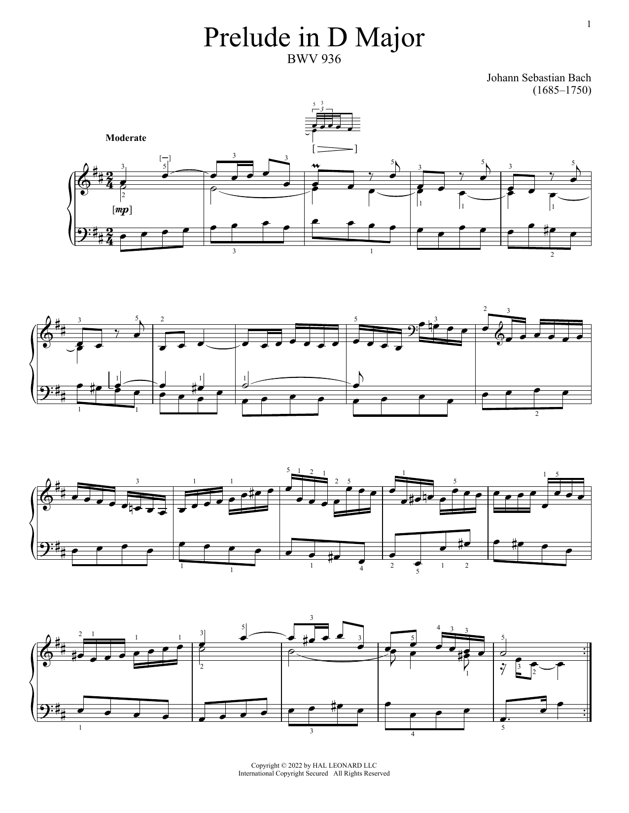 Johann Sebastian Bach Prelude In D Major, BWV 936 sheet music notes and chords arranged for Piano Solo