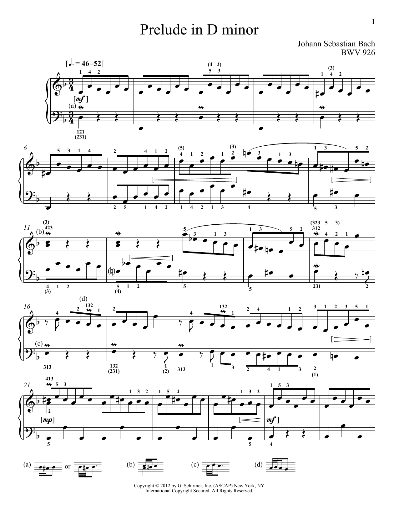 Johann Sebastian Bach Prelude In D Minor, BMV 926 sheet music notes and chords arranged for Piano Solo