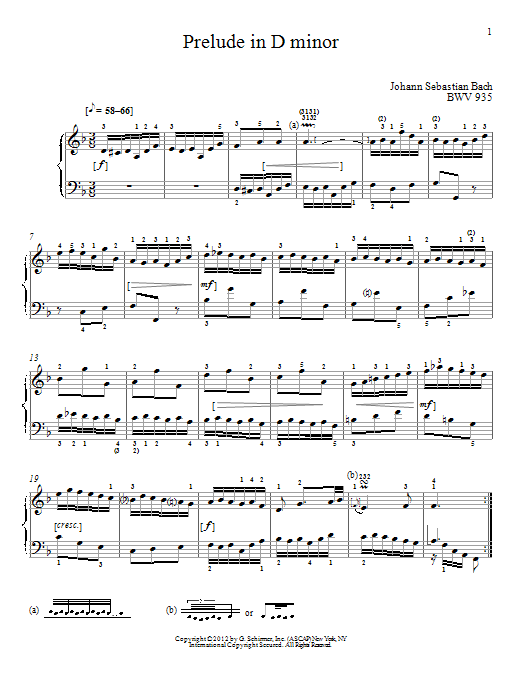 Johann Sebastian Bach Prelude In D Minor, BMV 935 sheet music notes and chords arranged for Piano Solo
