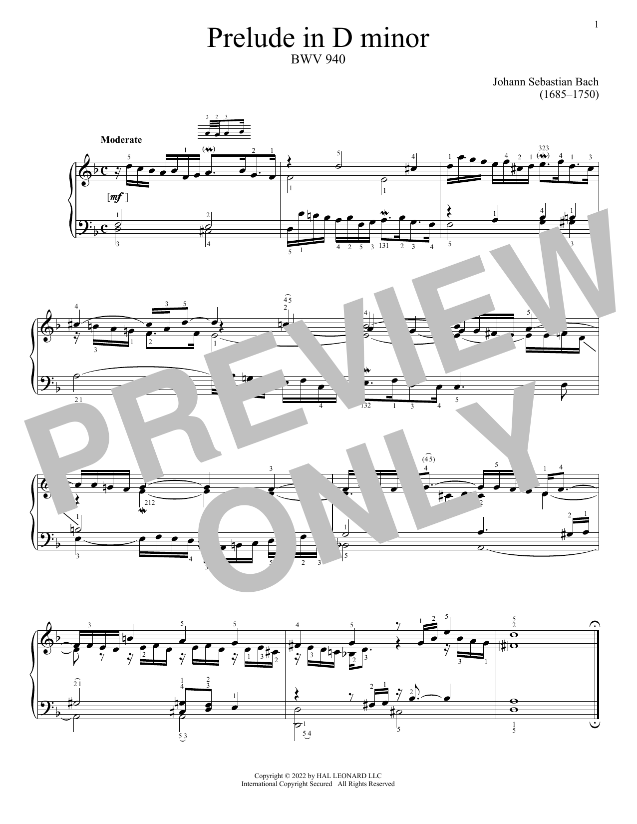 Johann Sebastian Bach Prelude In D Minor, BWV 940 sheet music notes and chords arranged for Piano Solo