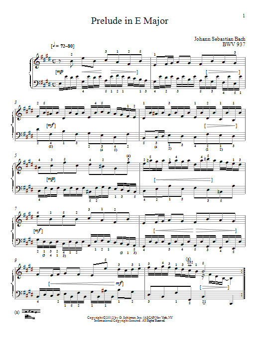 Johann Sebastian Bach Prelude In E Major, BMV 937 sheet music notes and chords arranged for Piano Solo