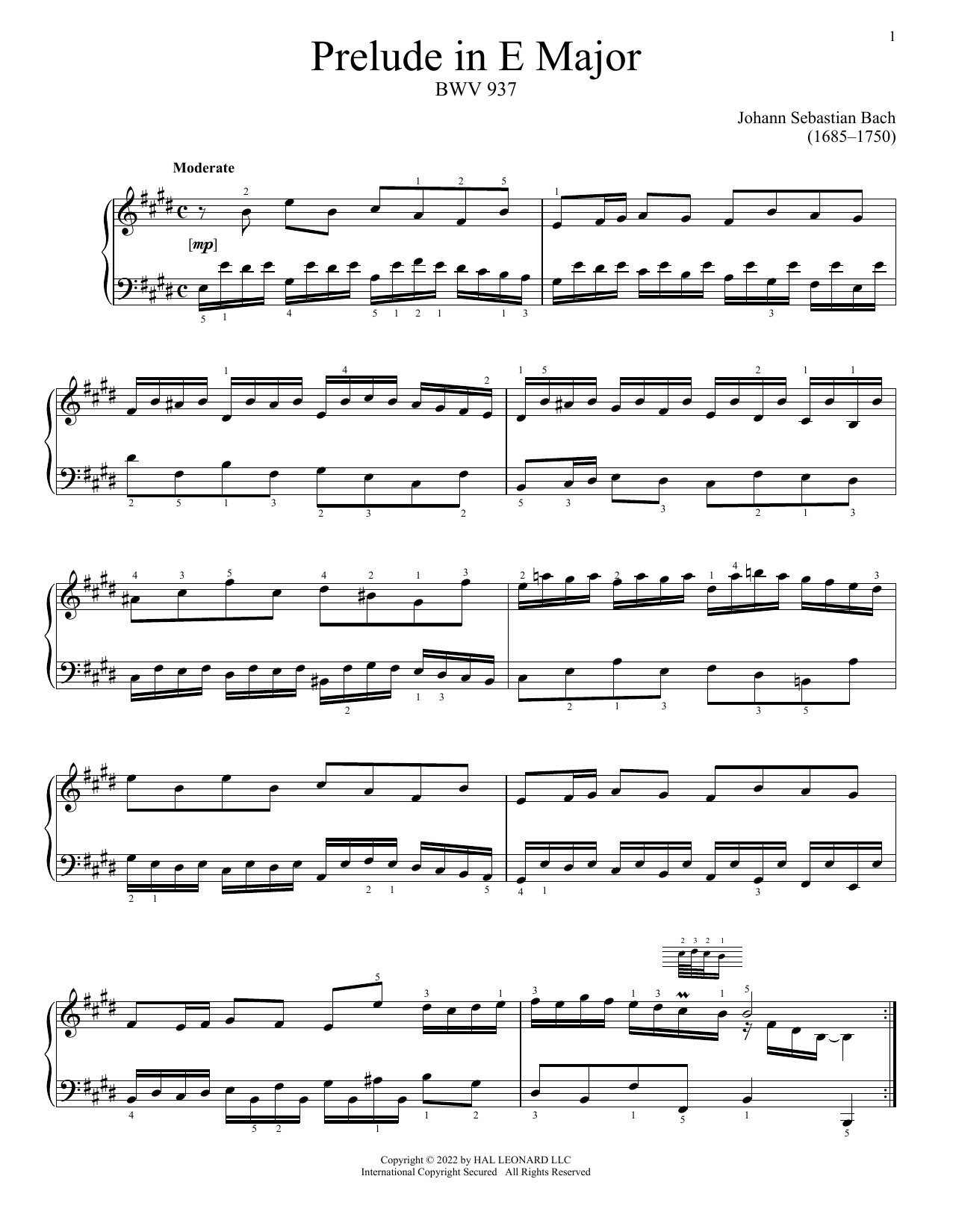 Johann Sebastian Bach Prelude In E Major, BWV 937 sheet music notes and chords arranged for Piano Solo