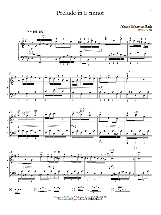 Johann Sebastian Bach Prelude In E Minor, BMV 938 sheet music notes and chords arranged for Piano Solo