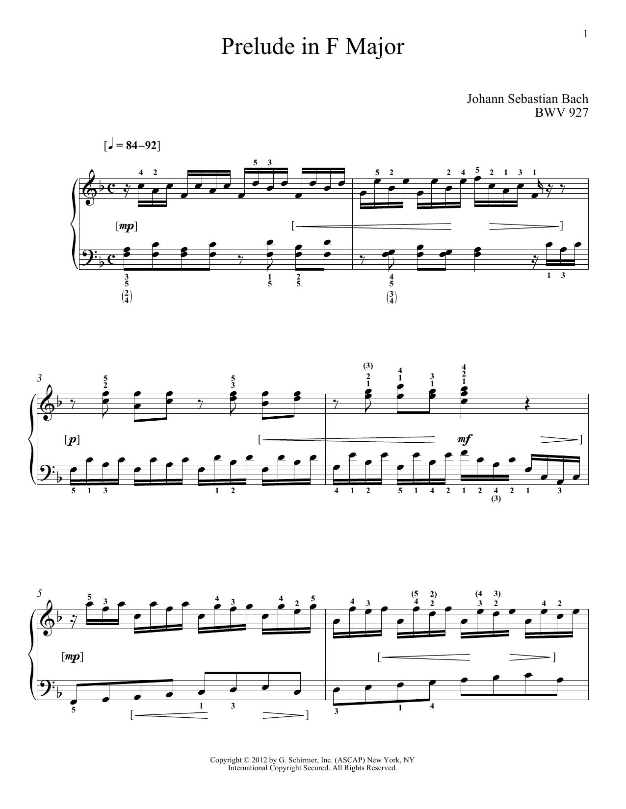 Johann Sebastian Bach Prelude In F Major, BMV 927 sheet music notes and chords arranged for Piano Solo