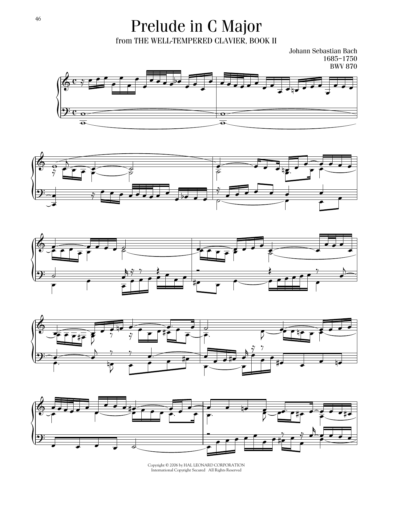 Johann Sebastian Bach Prelude No. 1 In C Major, BWV 870 sheet music notes and chords arranged for Piano Solo