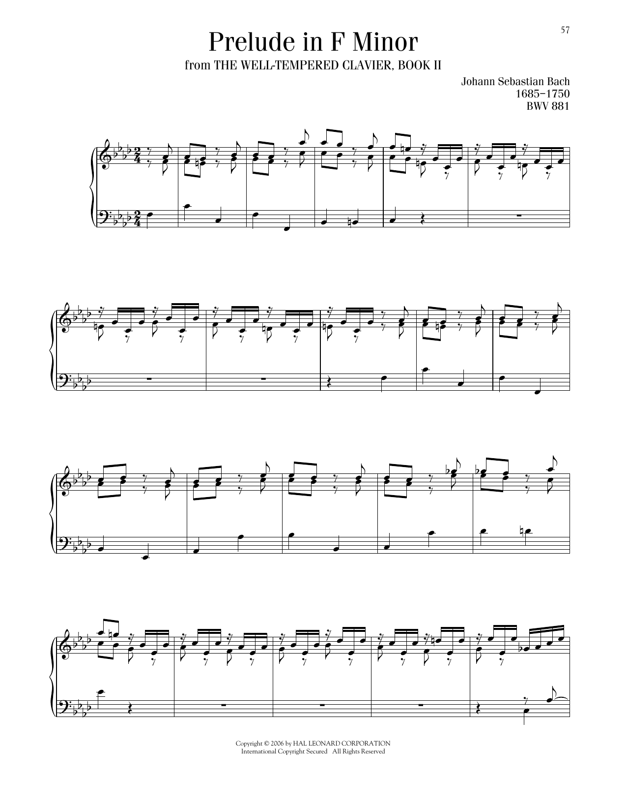 Johann Sebastian Bach Prelude No. 12 In F Minor, BWV 881 sheet music notes and chords arranged for Piano Solo