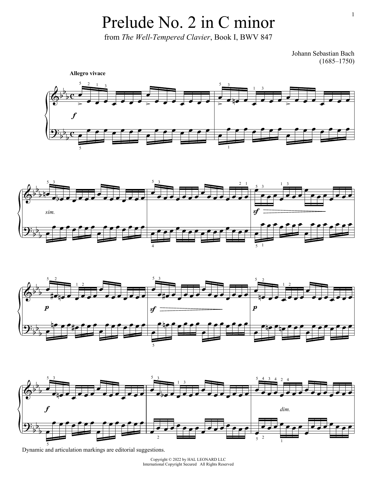 Johann Sebastian Bach Prelude No. 2 In C Minor, BWV 847 sheet music notes and chords arranged for Piano Solo
