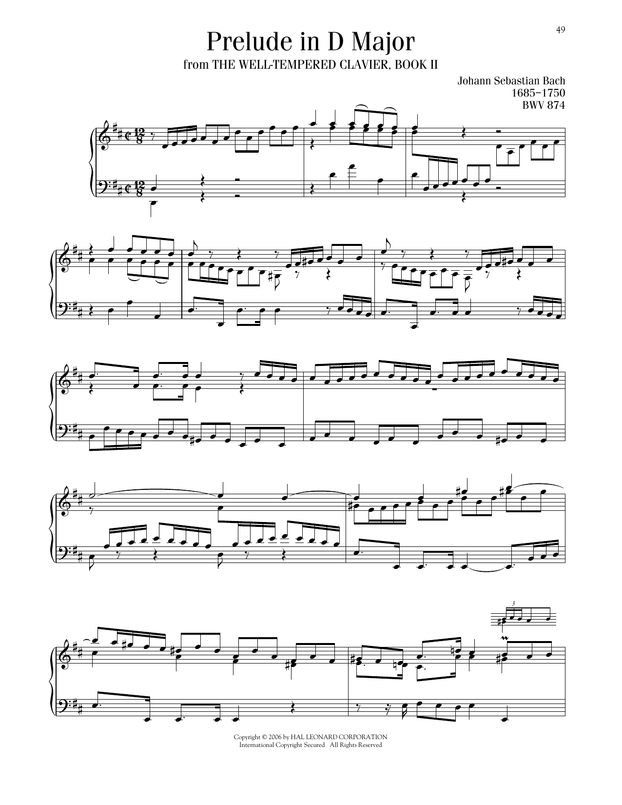 Johann Sebastian Bach Prelude No. 5 In D Major, BWV 874 sheet music notes and chords arranged for Piano Solo