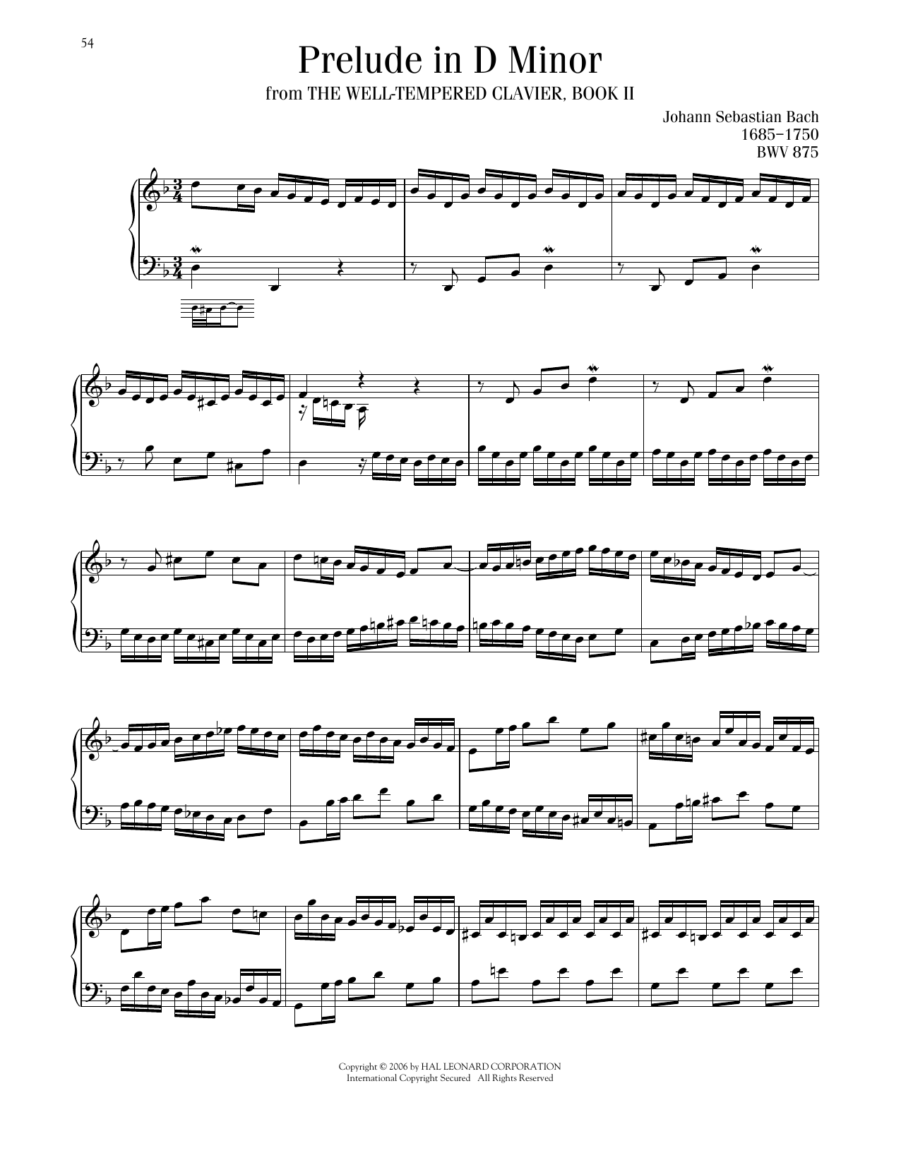 Johann Sebastian Bach Prelude No. 6 In D Minor, BWV 875 sheet music notes and chords arranged for Piano Solo