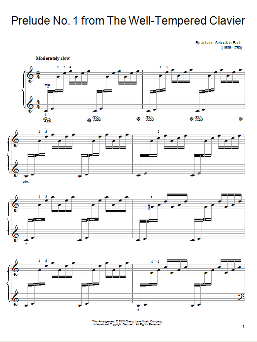 Johann Sebastian Bach Prelude No. I (Well-Tempered Clavier, Book 1) sheet music notes and chords arranged for Easy Piano