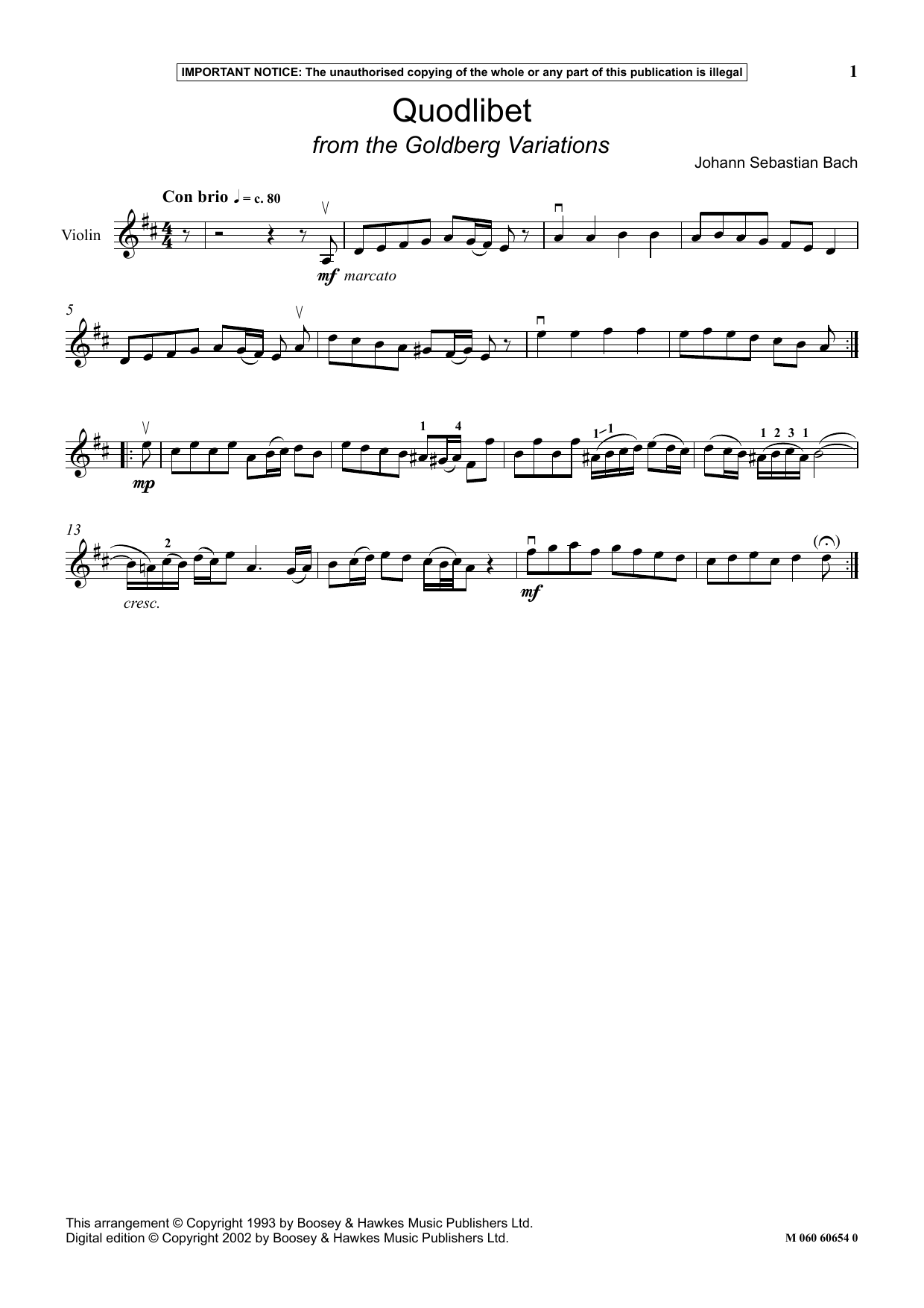 Johann Sebastian Bach Quodlibet (from The Goldberg Variations) sheet music notes and chords arranged for Instrumental Solo