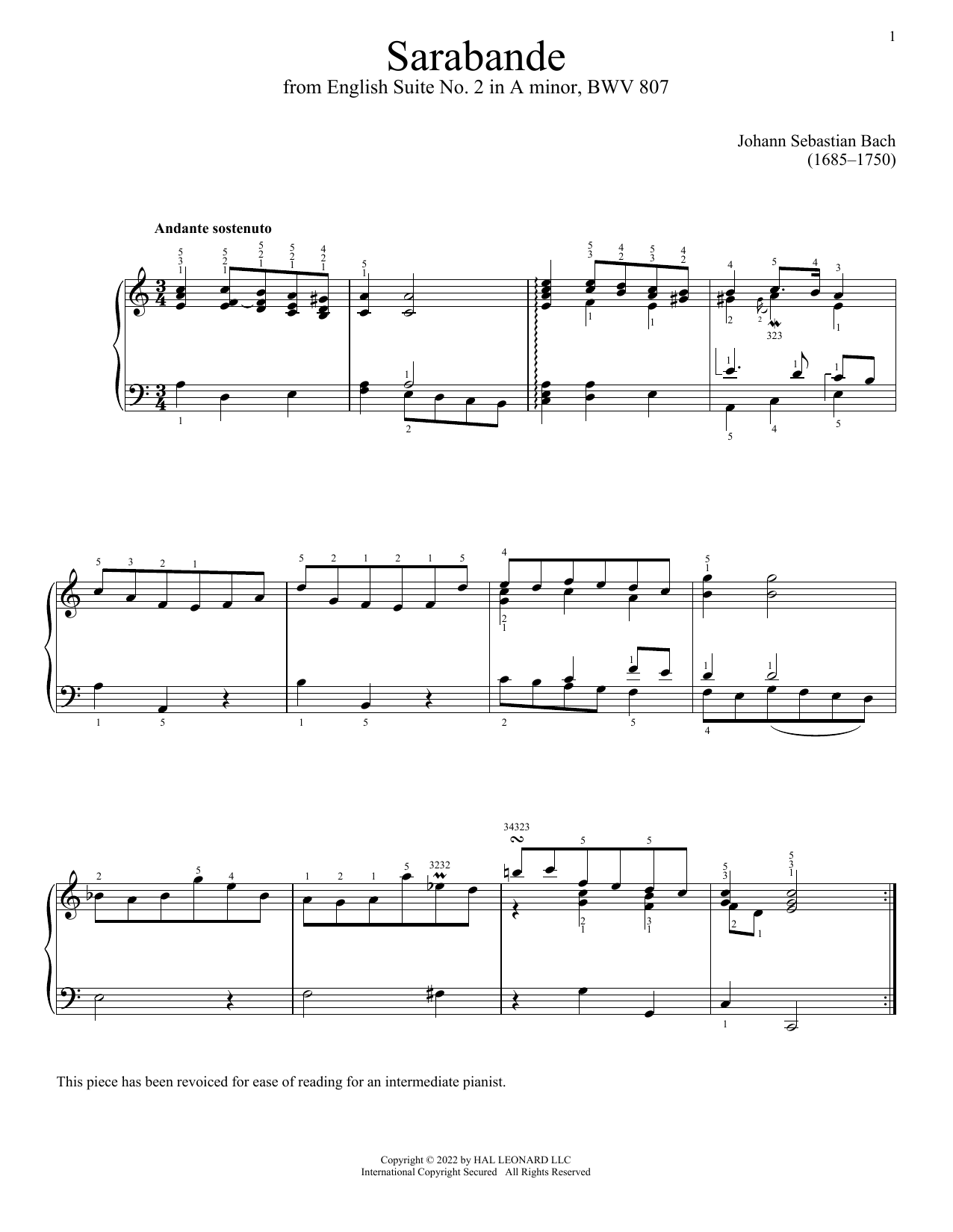 Johann Sebastian Bach Sarabande, BWV 807 sheet music notes and chords arranged for Piano Solo