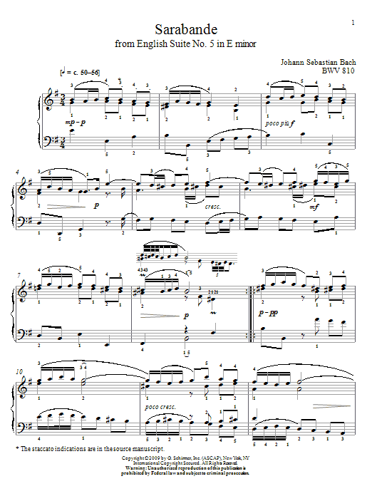 Johann Sebastian Bach Sarabande, BWV 810 sheet music notes and chords arranged for Piano Solo